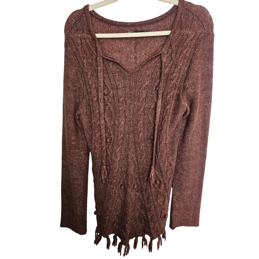 Prana Womens Shelby Fringe Wool Blend Sweater L Cable Knit Boho Hippie Festival